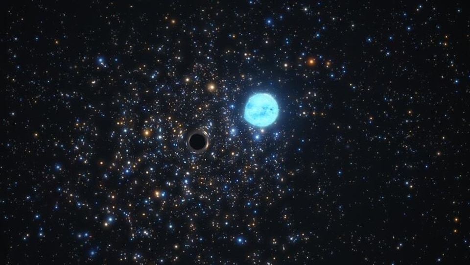 Illustration artistique du trou noir de NGC 1850 déformant son étoile compagne. 