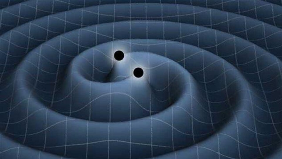 Illustration artistique d'un couple de trous noirs produisant des ondes gravitationnelles dans l'espace-temps.