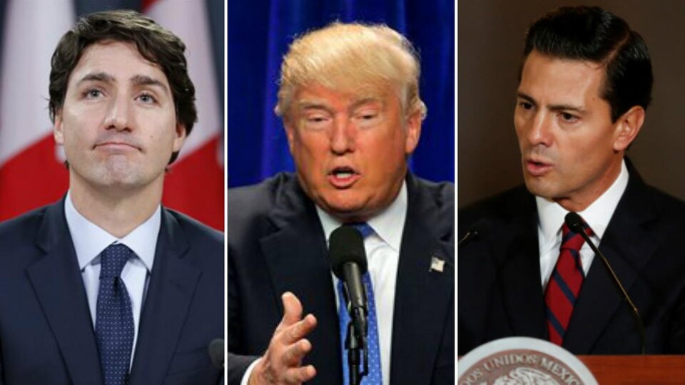 Un montage montrant, de gauche à droite, Justin Trudeau, Donald Trump et Enrique Pena Nieto.