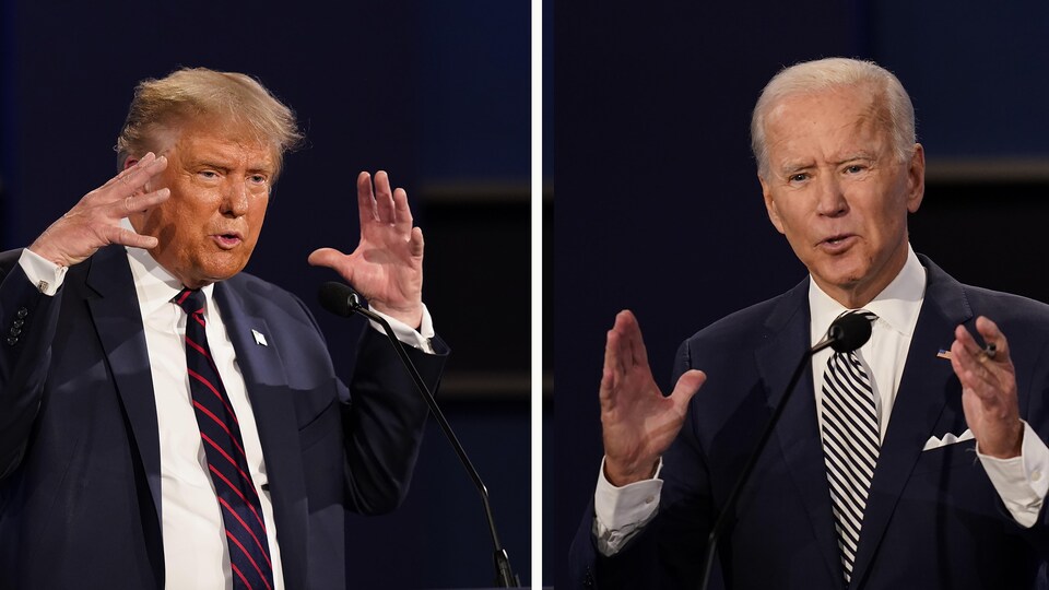 Montage photo de Donald Trump et Joe Biden, qui ont tous deux les mains levées et regardent devant eux.