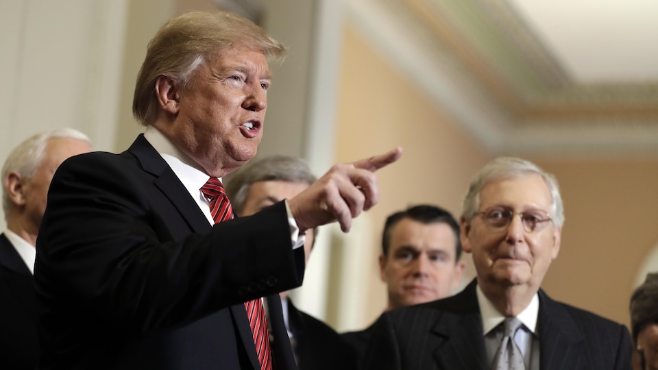 Le président Donald Trump et plusieurs sénateurs républicains, dont le président du Sénat, Mitch McConnell, s'adressent aux journalistes.