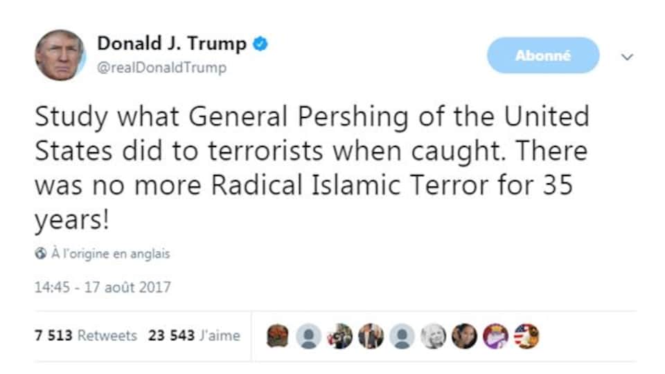 Capture d'écran d'un tweet de Donald Trump qui raconte une fausse anecdote à propos du général John Pershing.