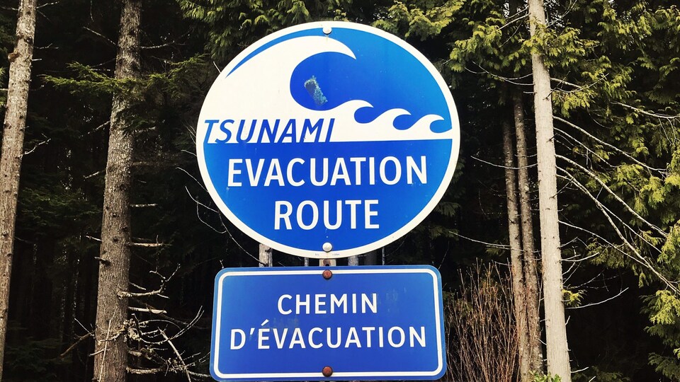 Un panneau de signalisation indiquant le chemin d'évacuation en cas de tsunami.