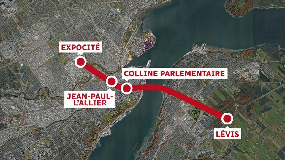 Le tracé du tunnel Québec-Lévis sur un fond de carte Google Earth. Le tunnel partirait d'Expocité, passerait par le centre-ville de Québec et déboucherait sur la route Monseigneur-Bourget.
