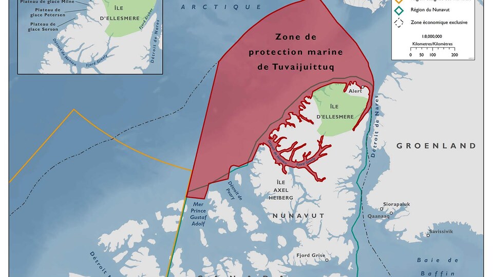 Carte montrant la zone marine protégée de Tuvaijuittuq située à l'extrême nord du Nunavut.