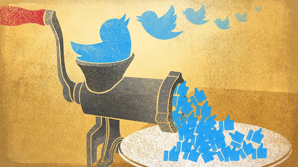 Un logo de Twitter tombe dans un hachoir à viande. Il devient des « j'aime » sur Facebook.