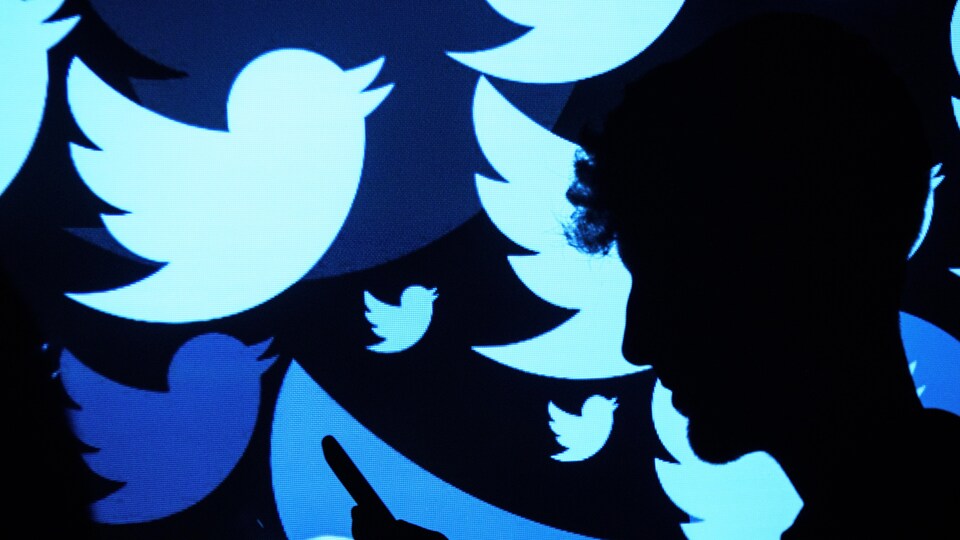 Une silhouette regarde un téléphone. Il y a plusieurs logos de Twitter en arrière-plan.