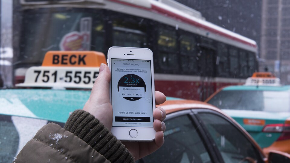 Un téléphone intelligent, un taxi et un tramway à Toronto.