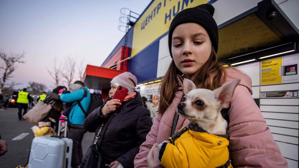 Une jeune fille tient son chien alors qu'elle et d'autres réfugiés d'Ukraine attendent un transport à un poste frontalier dans le sud-est de la Pologne.