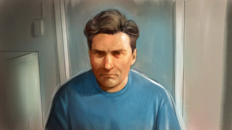 Un dessin de cour de Paul Bernardo lors d'une comparution au début d'octobre.