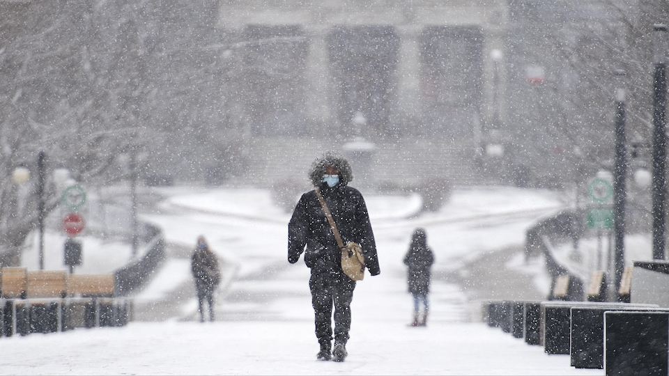 Des étudiants marchent sur le campus de l'Université McGill par un jour d'hiver.