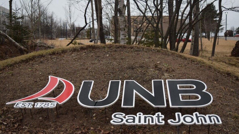 Le logo de l'Université du Nouveau-Brunswick à Saint-Jean est apposé dans la terre.