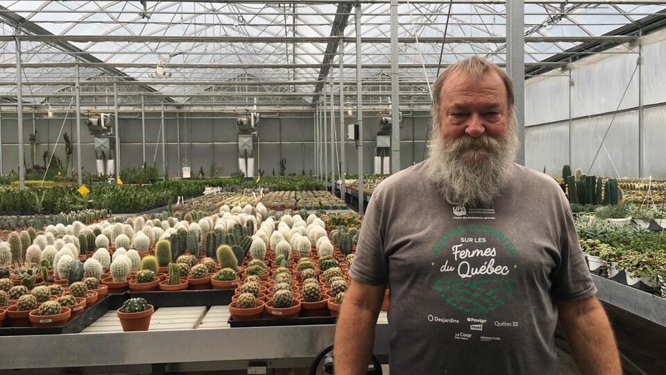 André Mousseau dans une serre à cactus.