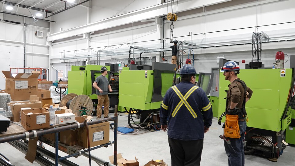 Des travailleurs avec des casques de sécurité dans une usine avec des boîtes en carton et des machines vertes.