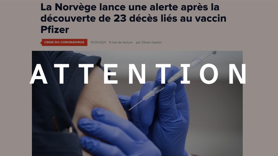 Capture d'écran d'un article intitulé "La Norvège lance une alerte après la découverte de 23 décès liés au vaccin de Pfizer". Le mot "ATTENTION" est superposé sur l'image.