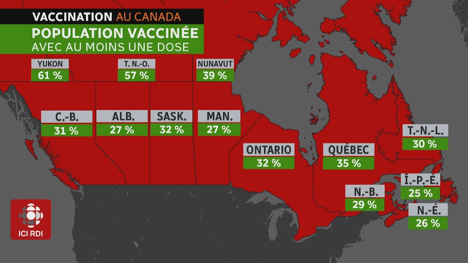 Carte indiquant les taux de vaccination selon les provinces et territoires.