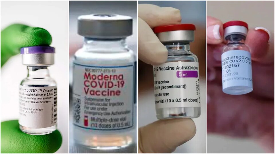 Une fiole de chacun des quatre vaccins approuvés.
