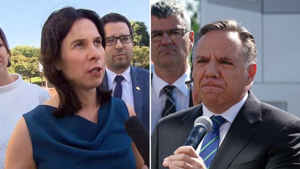 Montage présentant la mairesse de Montréal, Valérie Plante, et le chef de la CAQ, François Legault, tous deux en point de presse.