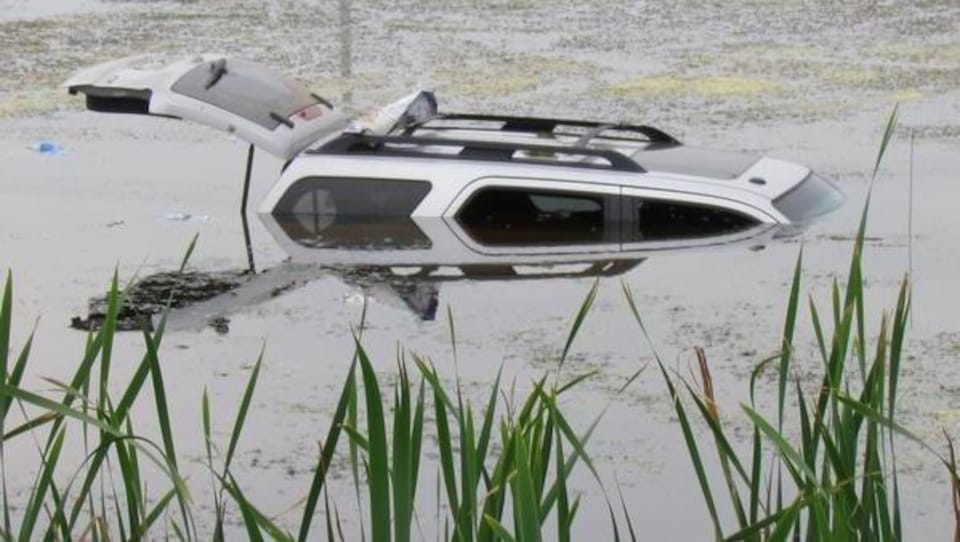 On ne voit plus que le toit ainsi que la porte du coffre arrière ouverte d'un véhicule submergé dans un marécage.