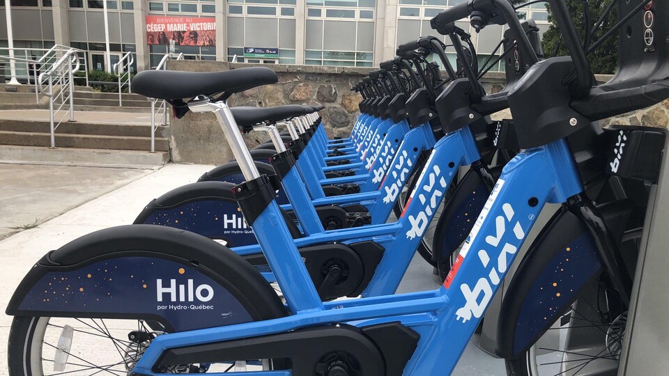 Une dizaine de vélos BIXI bleus.
