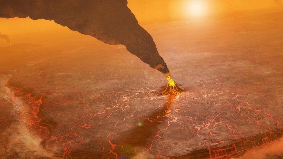 Illustration artistique de ce à quoi pourrait ressembler une éruption volcanique à la surface de Vénus.
