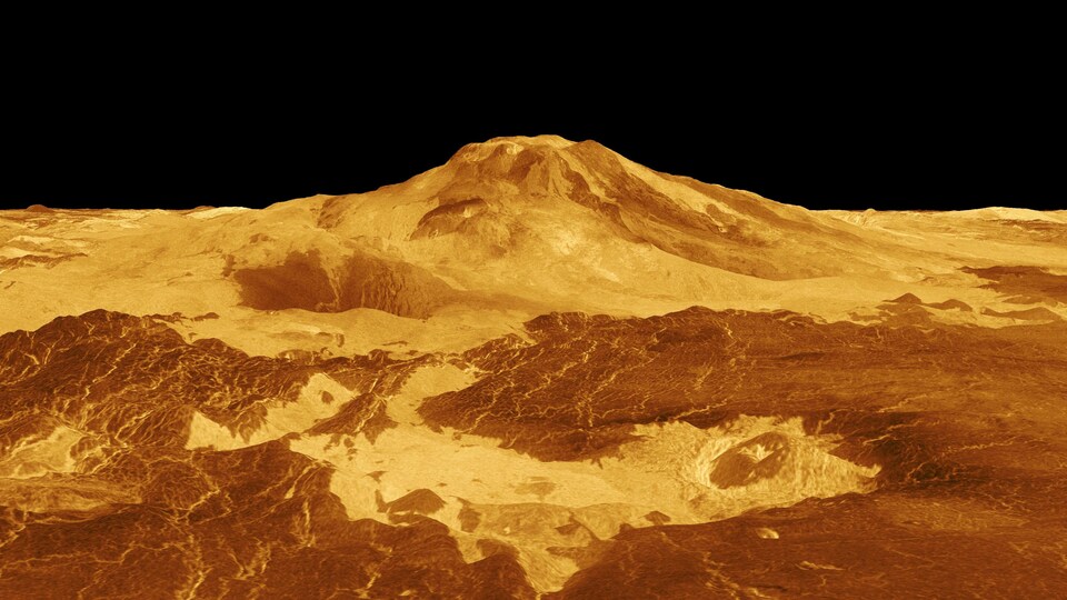 Perspective tridimensionnelle du Maat Mons à la surface de Vénus.