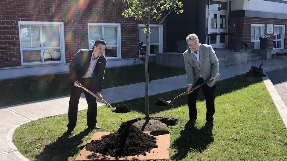 Les deux hommes font une pelletée de terre à côté d'un petit arbre.