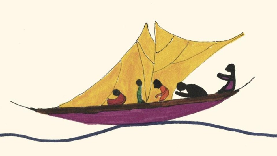 L'image de la couverture, qui montre des silhouettes sur une barque, a été dessinée à la main.