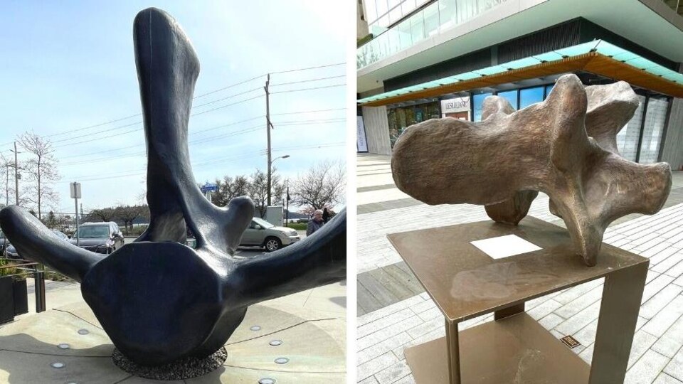 Deux installations d'art public qui sont des répliques géantes de vertèbres de baleine et de chevreuil.