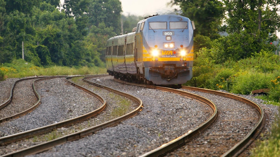 Un train de passagers circule sur une voie ferrée sinueuse en été.