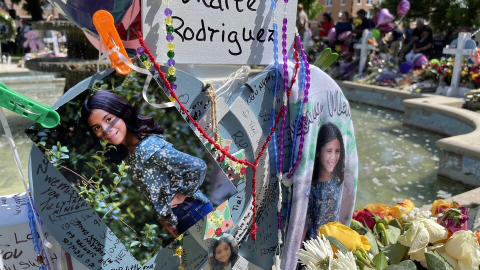 Photos of one of the 21 victims of the Uvalde primary school shooting, Maité Rodriguez, at the memorial in the heart of the small town