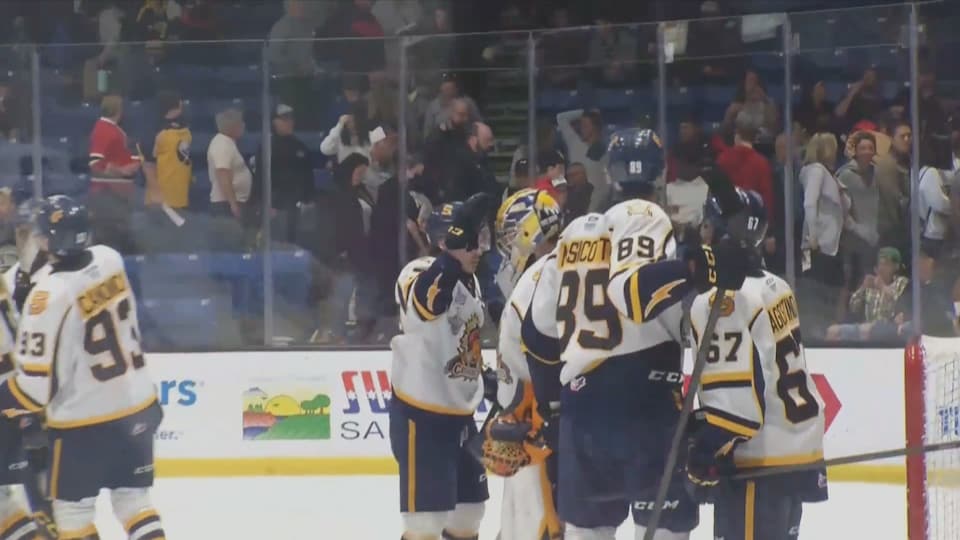 Ice hockey players after a game.
