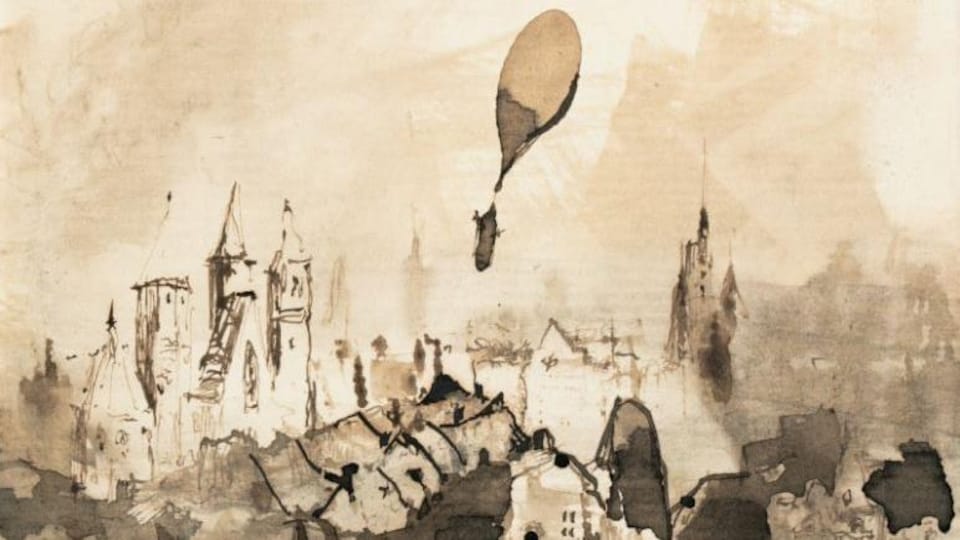 Une peinture d'un ballon avec une nacelle flottant au-dessus des toits et des clochers de Paris.