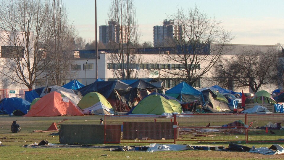Des tentes dans un parc, avec des édifices en arrière-plan.