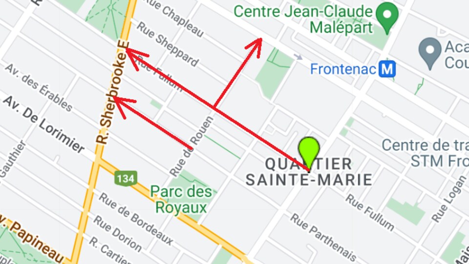 Une carte avec des flèches rouges qui montrent les rues dont le sens de la circulation sera modifié.