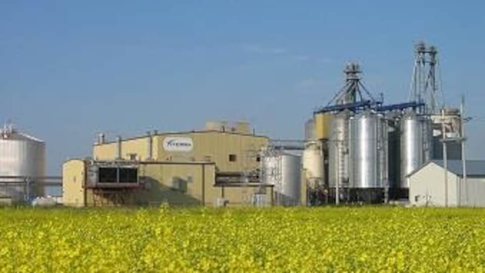Une usine dans un champ de canola.