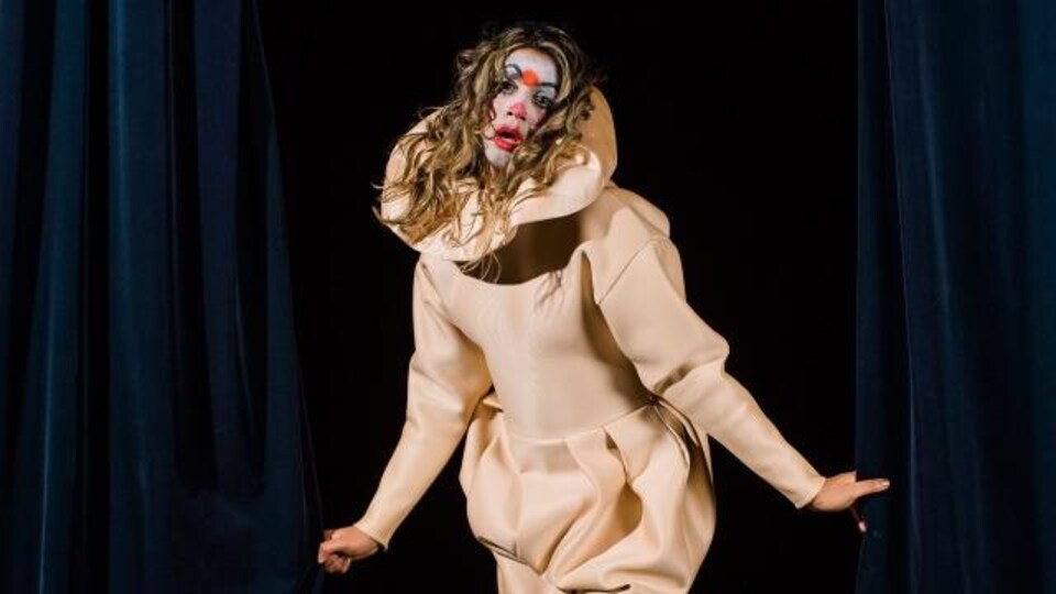 une personne habillée en clown, sur un champ de fleurs