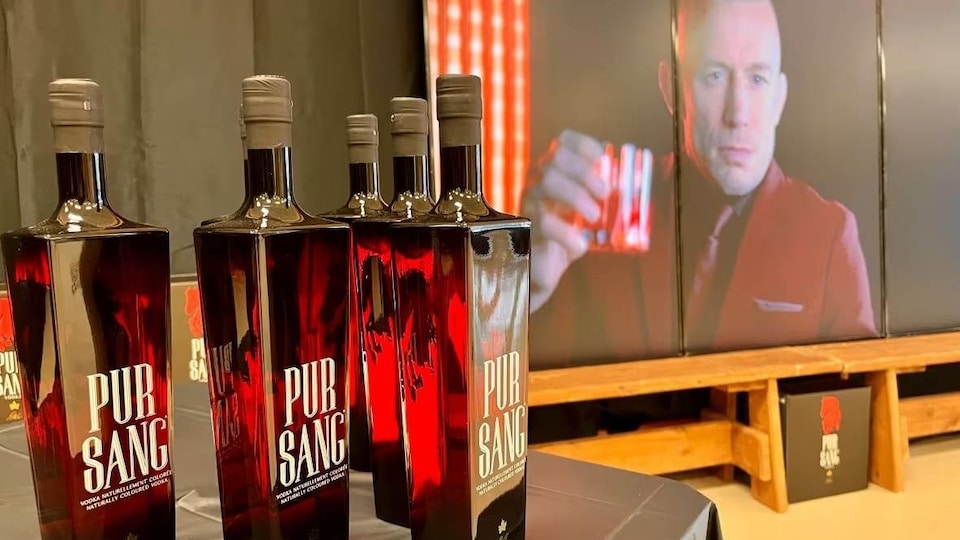 Des bouteilles de vodka sur une table, devant un mur sur lequel est projetée une image de Georges St-Pierre qui lève un verre de vodka.