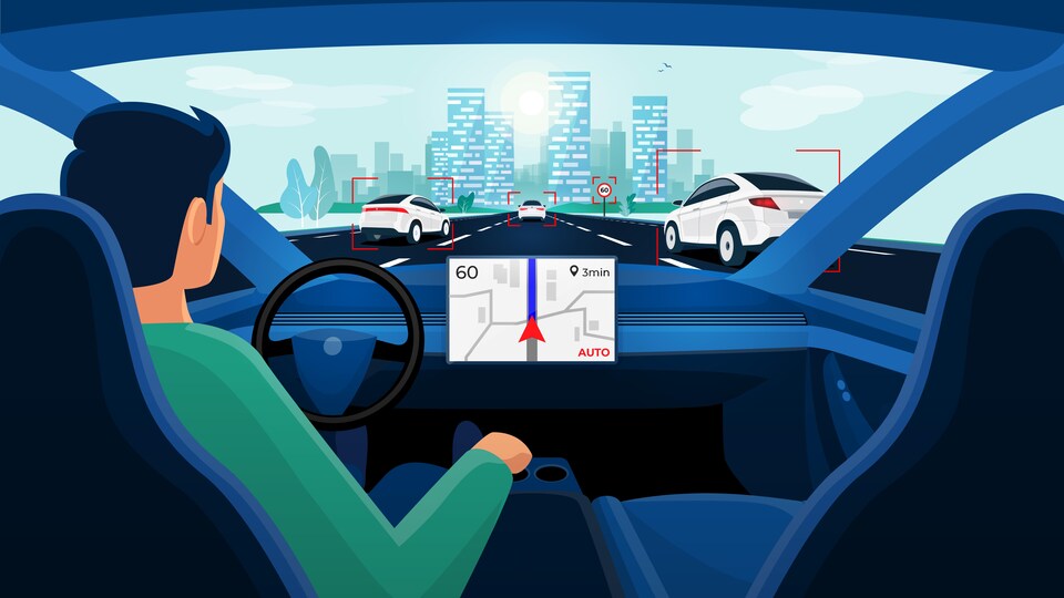 Dessin d'un homme dans une voiture autonome qui se déplace sur une autoroute avec d'autres voitures.
