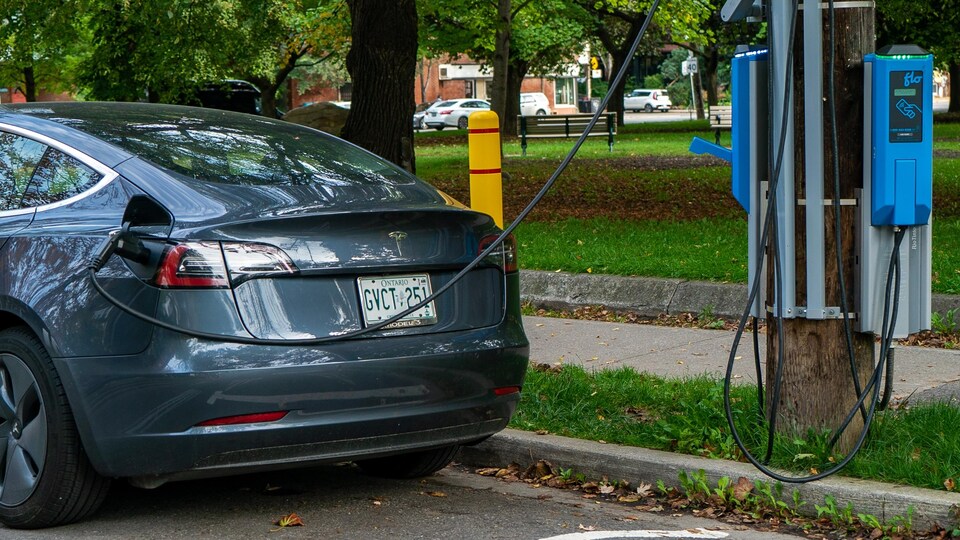 Une Tesla branchée à une borne de chargement au parc Trinity Bellwoods à Toronto.