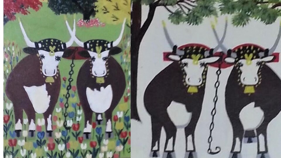 Deux toiles, chacune illustre deux vaches.