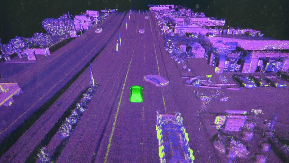 Une capture d'écran du simulateur de conduite autonome de l'entreprise torontoise Waabi.