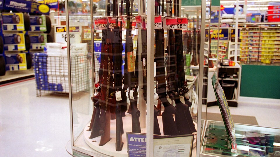 Des fusils dans la vitrine au milieu d'autres rayons.