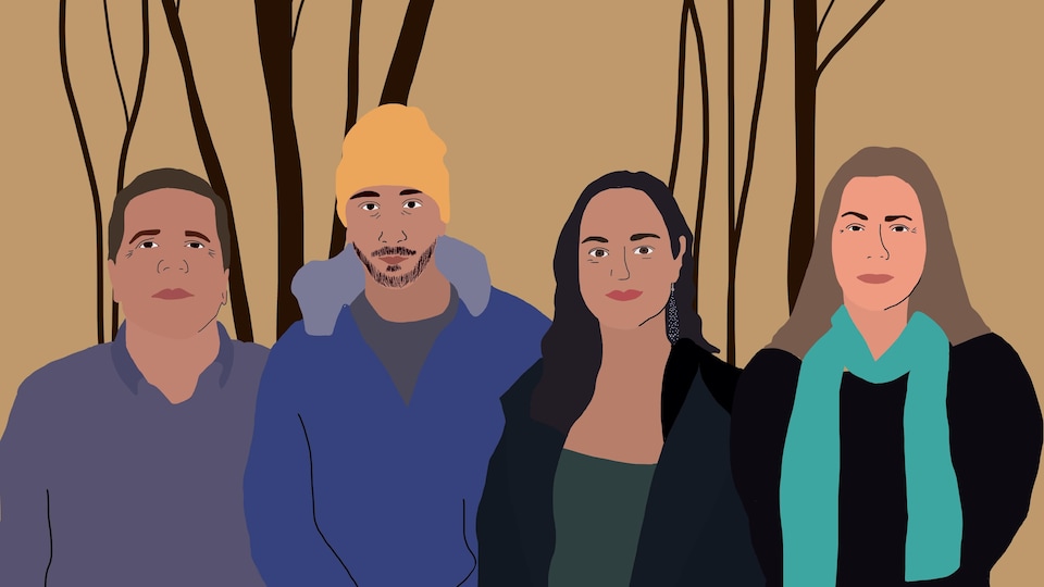 Illustration graphique de quatre membres de la nation huronne-wendat.