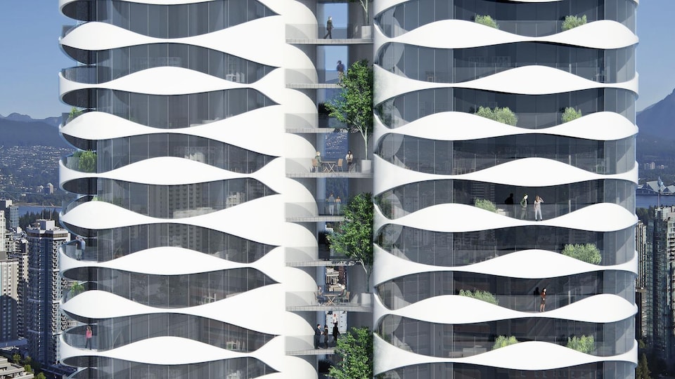 Dessin de la tour au coin des rues Burrard et Nelson conçue par Bing Thom Architects