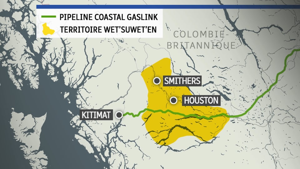 Carte montrant le pipeline traversant le territoire ancestral wet'Suwet'en d'est en ouest jusqu'au terminal de Kitimat.