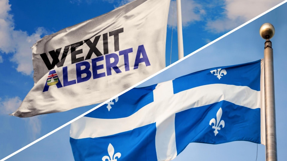Le drapeau du Wexit Alberta et du Québec flottent au vent.