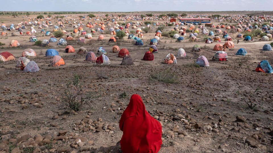 Une jeune femme vêtue de rouge, de dos, observe les ravages de la sécheresse.