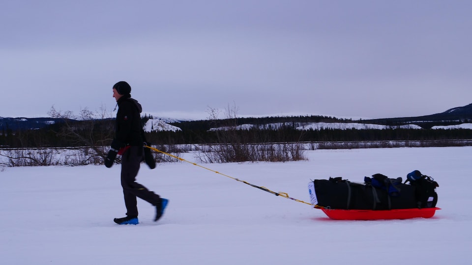 Un participant tire un traîneau sur la neige.