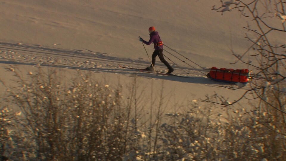 Une fondeuse traîne son équipement seule sur une piste enneigée.